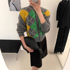 新款拼色菱形格针织开衫经典老钱风撞色毛衣外套女慵懒风独特女装