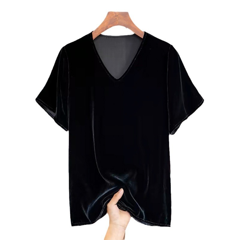 566 Vネック半袖黒シルクベルベットトップス、S M L XL XXL、深セン南油卸売！|undefined