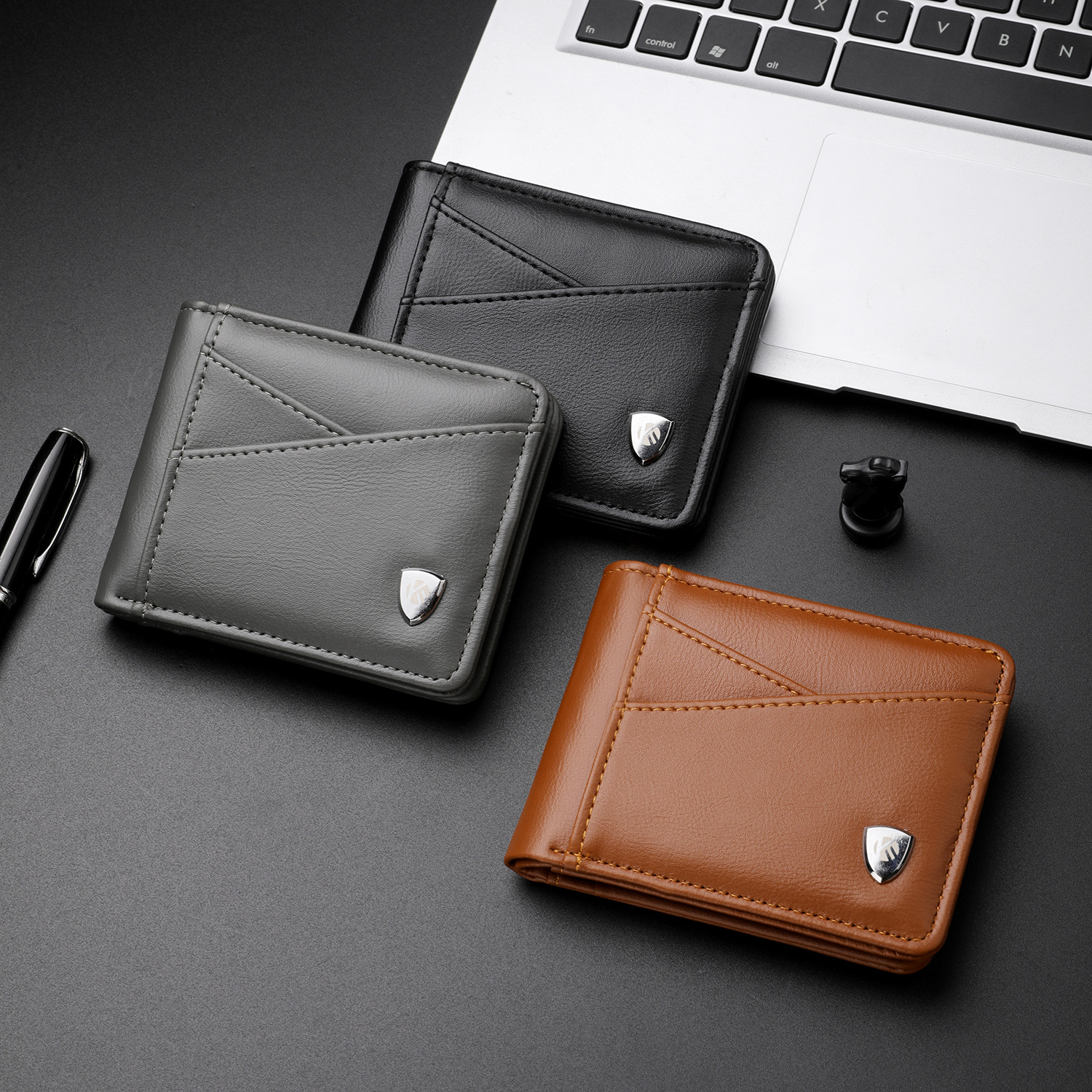 Men's Short Card Holder, Lychee Pattern PU Leather, Multi-Card Slot ID Storage, Business Trendy Brand Coin Purse, Simple and Stylish