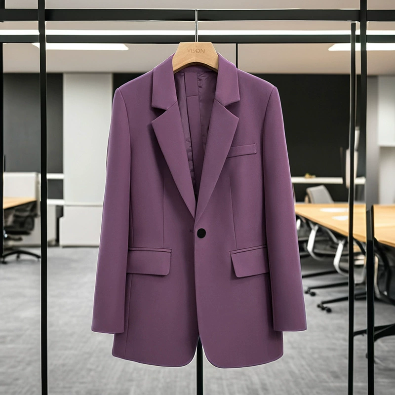 Весенне-осенняя новая женская одежда больших размеров для пышных девушек, фиолетовый блейзер с эффектом стройности [6635] в наличии.