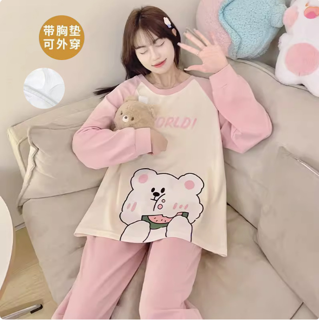 Pajamas Women's Spring and Autumn Pullover Thin Cotton Long-sleeved Trousers suit Light Luxury Sweet Home Clothes for Going Out with Chest Pad