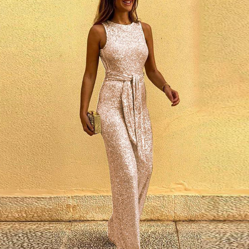 Wish Western-style round neck sleeveless personalized sparkling silver dot one-piece pants for women's clothing.