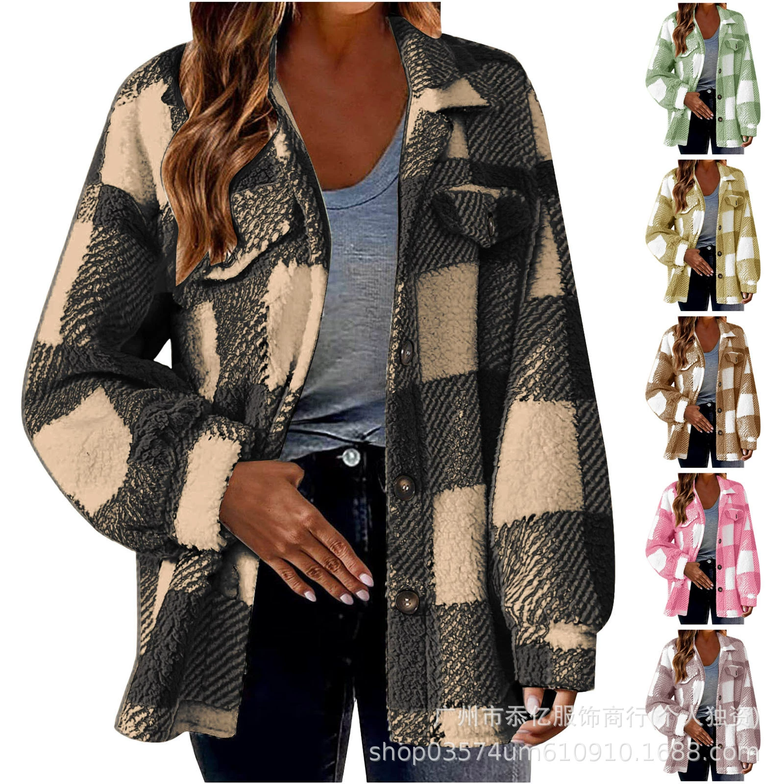 Трансграничная женская одежда 2024 новый амазонка осень-зима с карманами в клетку из ягненка куртка пуговицы плюшевая куртка