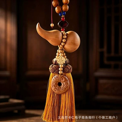 pendant for safety, lotus car | Car hanging - large-gourd-golden-double-tassels