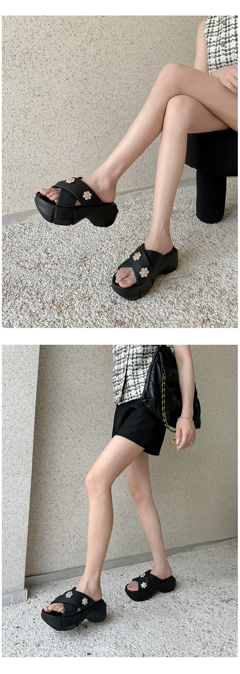 Dép sandal cao gót nữ quai chéo đính đá, đế platform dày, gót 9 cm — Màu đen, Màu trắng be chi tiết 11