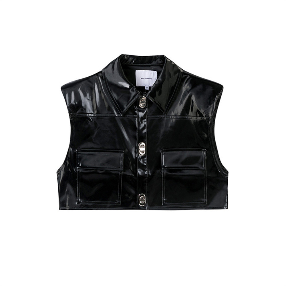 Street UPLeather Jacket Shoulder Pads Shiny Half Vest Men's Niche Lapel Metal Buckle Cardigan Vest Jacket Short Style