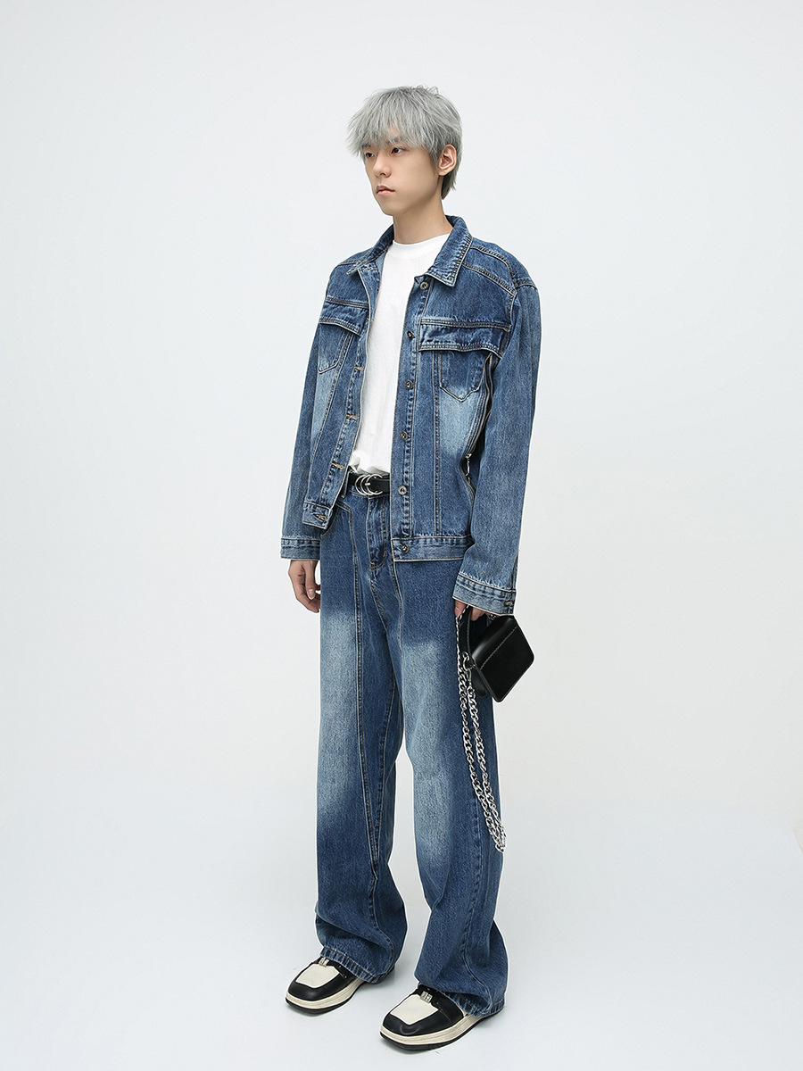 Mtlclothes ropa de Hombre | 2023 otoño e invierno nuevo estilo coreano lavado flojo cremallera diseño Denim traje hombres