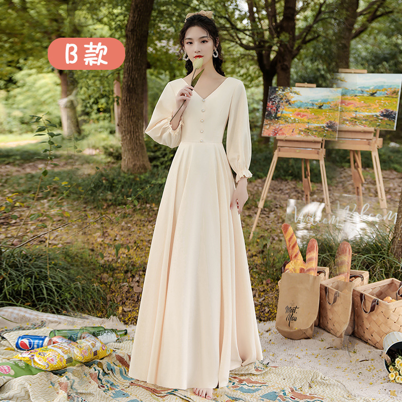 Vestidos de dama de honor de verano 2026, nuevo estilo casual, vestidos de hermana, de manga larga, que estilizan y favorecen la figura, vestidos de grupo para damas de honor.