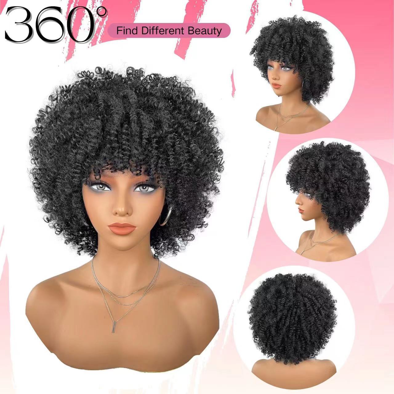 Transfronterizo nuevo natural esponjoso corto pequeño rollo explosivo cabello rizado kinky mate de alta temperatura peluca cubierta de cabello