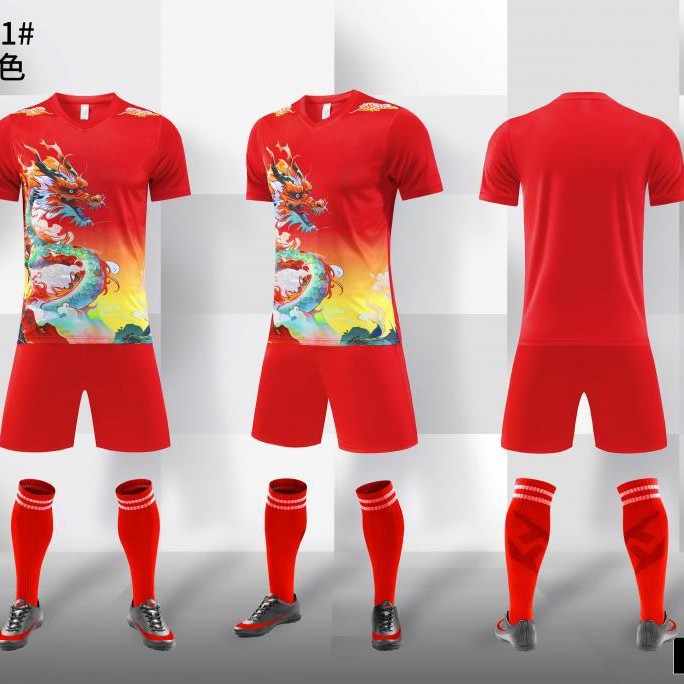 Nuevo traje de fútbol, traje de entrenamiento de patrón de dragón, traje de deporte de manga corta, traje de impresión de competición, traje de equipo de competición de barco dragón