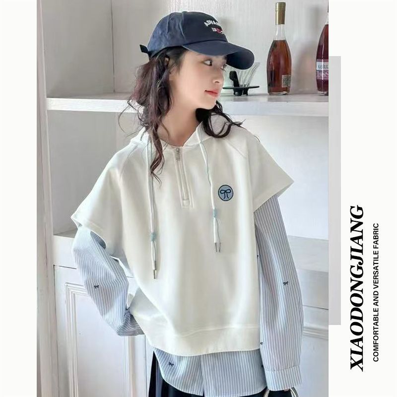 女童秋装假两件条纹拼接连帽卫衣2025新款中大童韩版休闲宽松上衣|undefined
