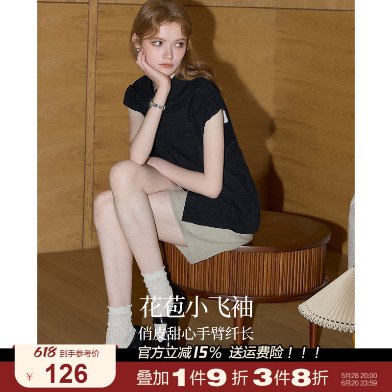 甜美少女风短袖衬衫女2025年夏新款遮拜拜肉飞袖格子衬衣|undefined