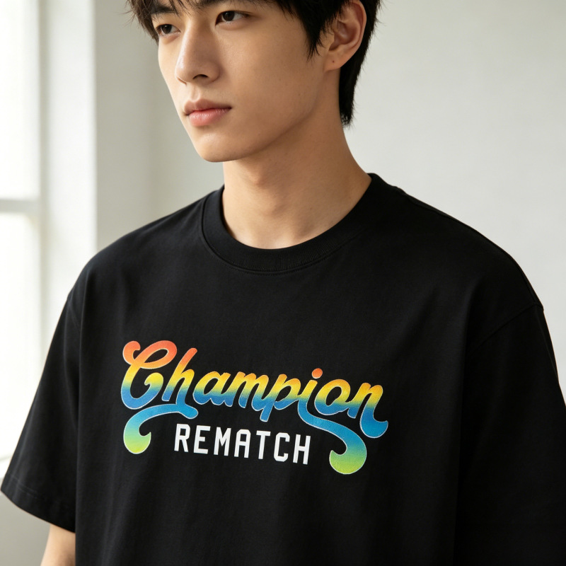 Trendy Brand Gradient Champion Letter Print T-Shirt, Unisex Loose Sports Style Couple's Short-Sleeve Top S827