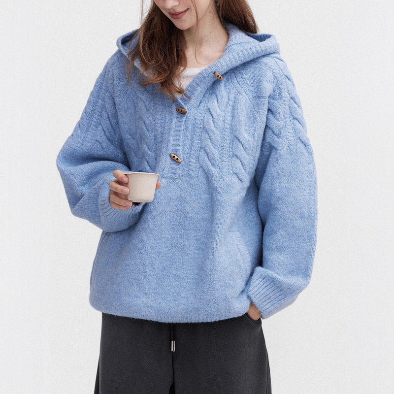 Retro Wool Fluffy Cable Half Placket Horn Button Hooded Sweater for Women