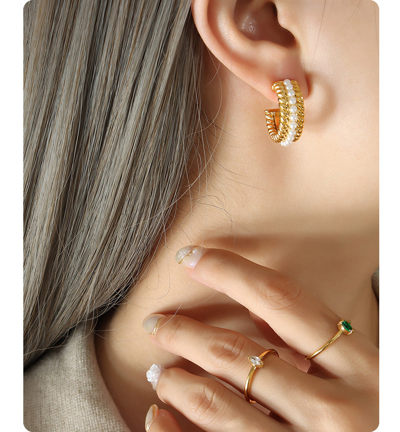 Elegant C Shape Titanium Steel Inlay Artificial Pearls Earrings 1 Pair