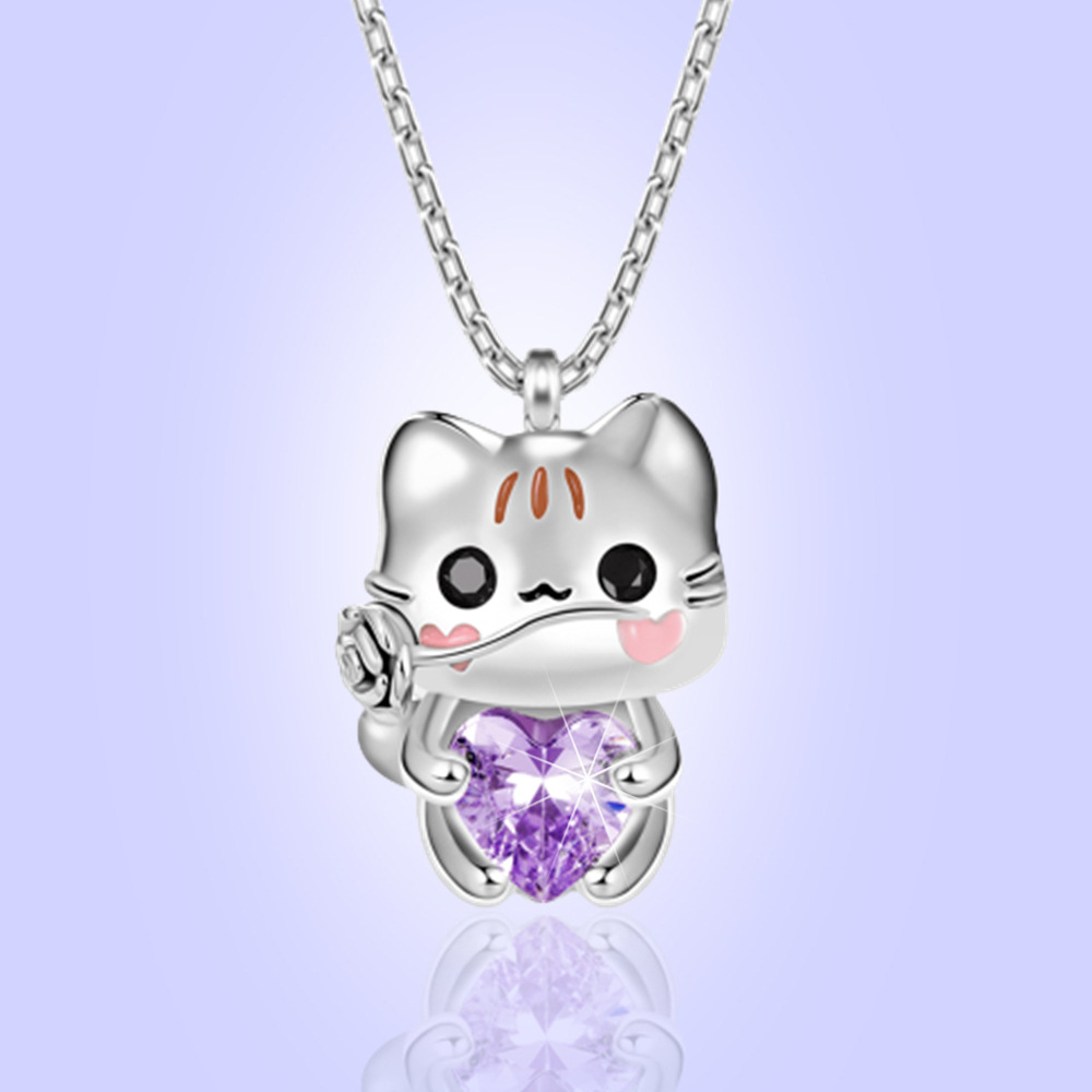 Alloy Pendant Material Zircon Inlay Material Cute Heart Shape Cat Rose Zircon Alloy Cable Chain Pendant Necklaces Wholesale