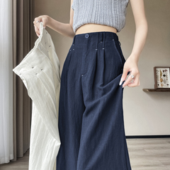 藏青色天丝亚麻裤子女夏季薄款2025新款棉麻阔腿裤直筒休闲山本裤