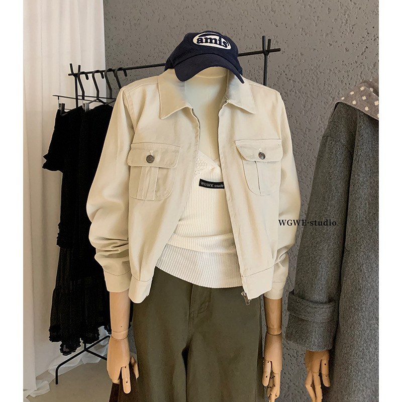 Wgwe7823 American Retro Double Flap Pocket Pants Zipper Twill Denim Jacket Women's Slim Fit Work Jacket Wgwe7823 American Retro Double Flap Pocket Pants Zipper Twill Denim Jacket Women's Slim Fit Work Jacket