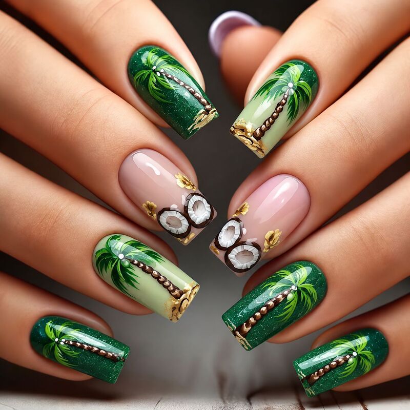 Tropical Coconut Tree Palm Tree Coconut Shell Square Fake Nails Press on Nails Manicure Tc45