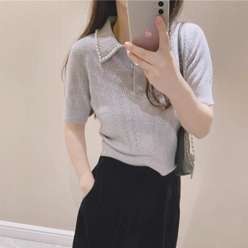 Hanyuan Apparel/2024 Early Spring New French Style Gray Simple Polo Collar Handmade Pearl Knitted Top
