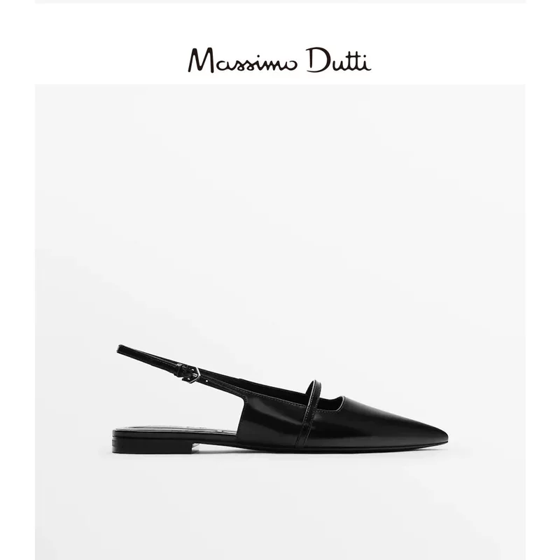 Sandals Massimo Dutti, genuine leather black, summer slingback flat