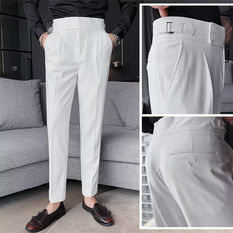 Nápoles traje pantalones de los hombres de estilo coreano slim fit pantalones ajustados otoño retro de cintura alta de negocios de color sólido pantalones casuales rectos
