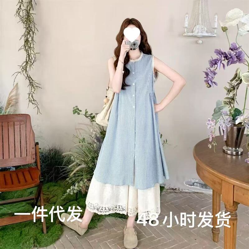 Blue Plaid Layered Shirt Dress Set 2026 Spring/Summer French-Style Suspender Dress Two-Piece Set Wholesale
