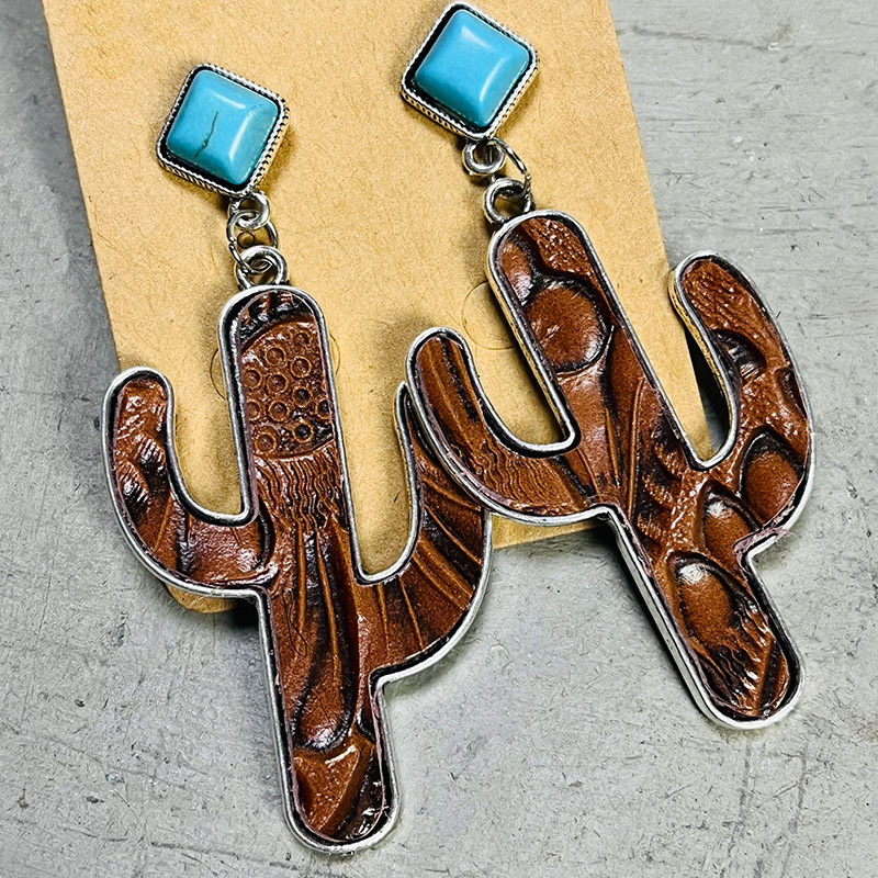 Retro Cactus Alloy Inlay Turquoise Women's Drop Earrings 1 Pair display picture 4