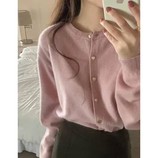 甜美温柔爱心扣粉色毛衣开衫女宽松韩系春装内搭短款针织外套上衣