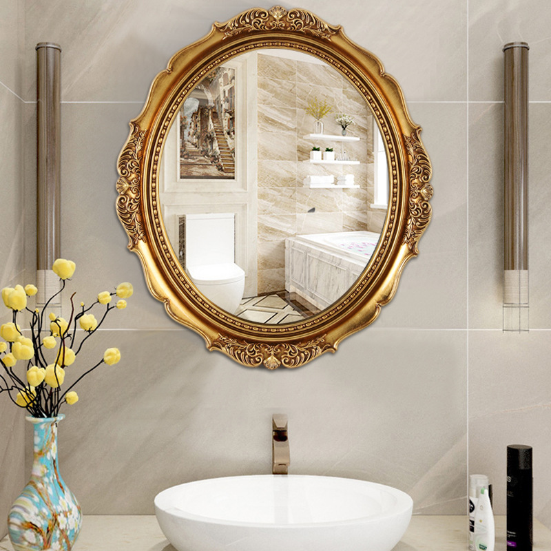 2022 New European-style Bathroom Mirror, American-style Entrance Wall-mounted Decorative Mirror, PU Retro Women's Vanity Bathroom Mirror