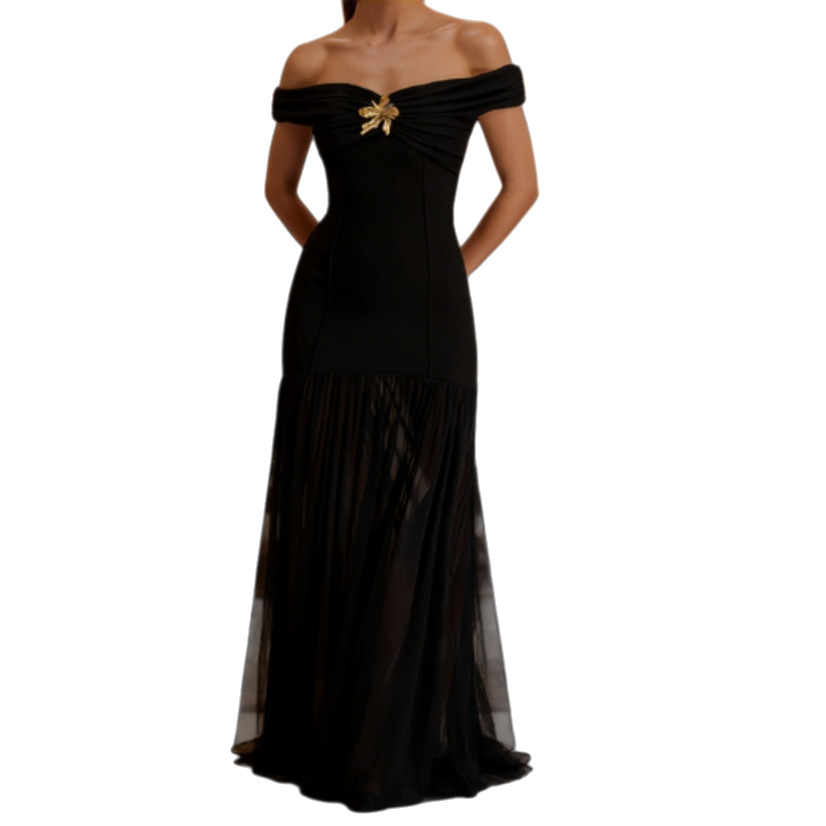 Women's Elegant Off Shoulder Backless Mesh Panel Flowy Maxi Dress – Sexy Summer Gown 2026_ecoleips.com