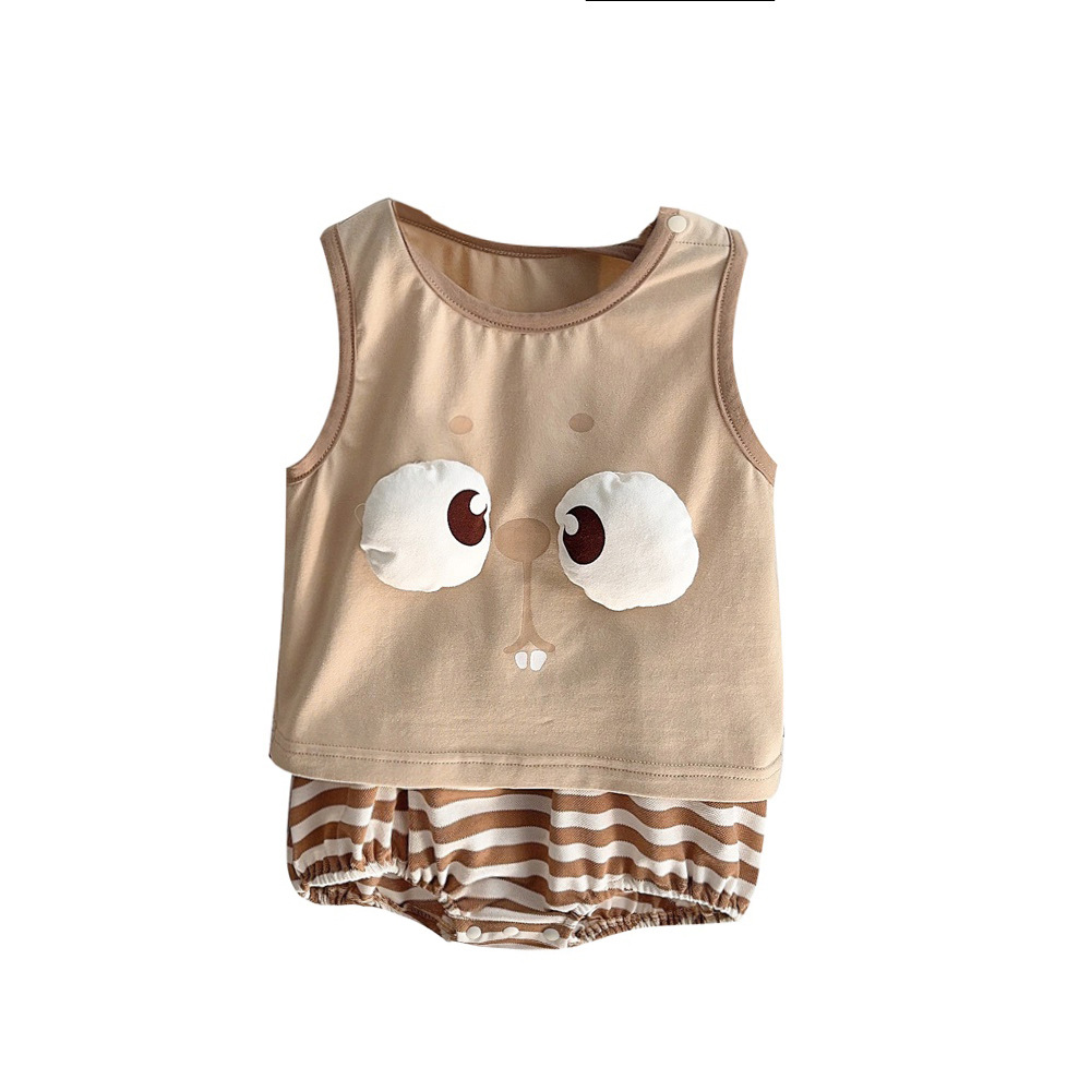 2024 verano versión coreana del traje sin mangas a rayas para bebés de un año, traje delgado a clase, traje de pantalones cortos para bebés