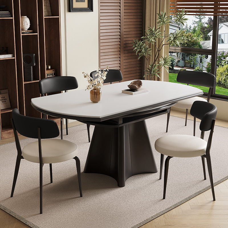 Italian Retro Square to Round Slate Dining Table and Chair Combination for Home Small Apartment Light Luxury Retractable Dining Table with Induction Cooker