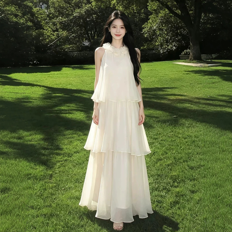 French-Style Vacation Halter Neck Off-Shoulder Dress for Women, Summer 2026 New Loose Slimming Cake Mid-Length Dress French-Style Vacation Halter Neck Off-Shoulder Dress for Women, Summer 2026 New Loose Slimming Cake Mid-Length Dress