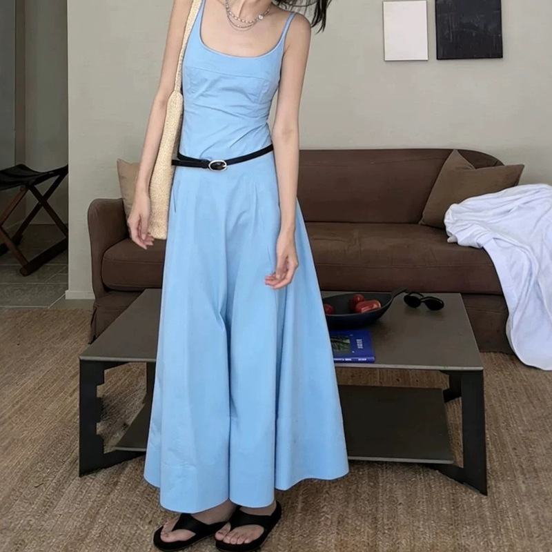 2026 Summer New Style Elegant Waist-Cinching Slimming Over-The-Knee Long Dress Casual Blue Cotton Poplin Strap Dress 2026 Summer New Style Elegant Waist-Cinching Slimming Over-The-Knee Long Dress Casual Blue Cotton Poplin Strap Dress