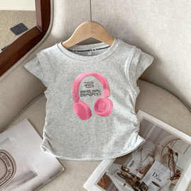 2025女童洋气夏季打底上衣新款时髦韩版儿童耳机无袖短款棉质T恤