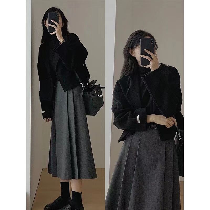 春秋女装奶系毛呢温柔秋冬外套2025高腰新款半身裙套装|undefined