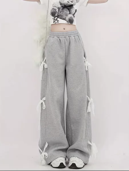 Cross-Border European and American Amazon Women's Wide-Leg Sports Pants with Side Tie Bow Elastic High-Waisted Loose Long Pants with Pockets