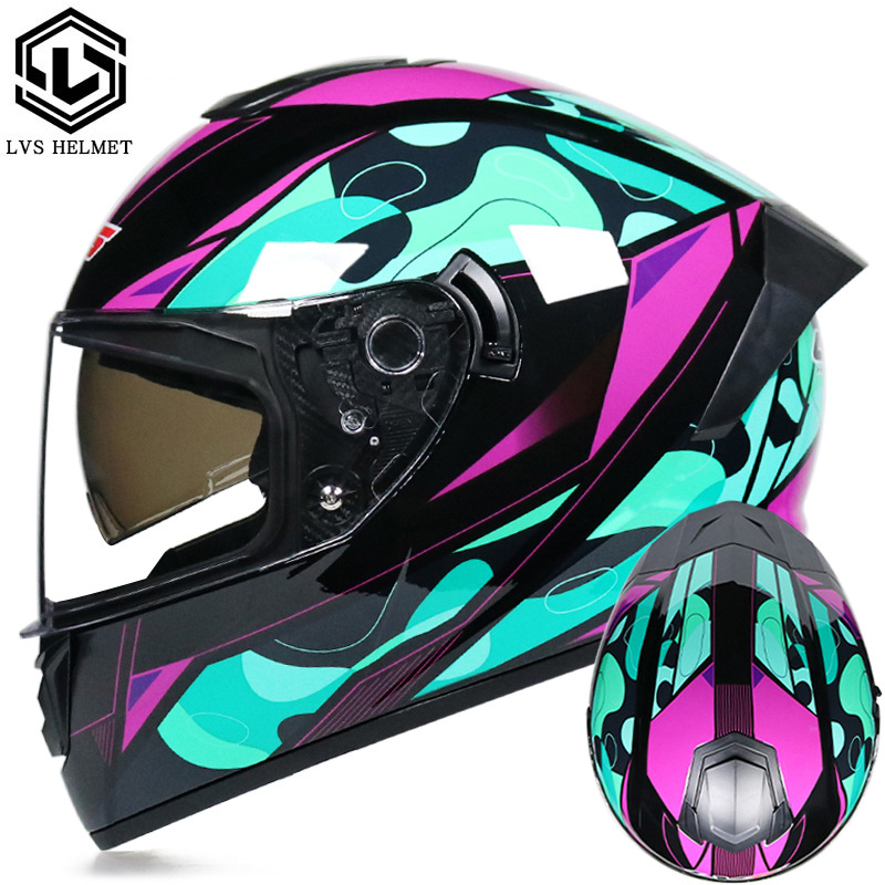 Coche eléctrico con casco completo, casco completo de otoño e invierno, coche eléctrico de carreras de imitación, coche eléctrico masculino, caballero, doble lente, cola larga