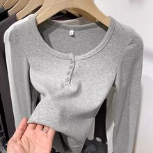 弹力透气别致t恤女春秋韩版修身长袖打底衫跑步运动小众低领上衣
