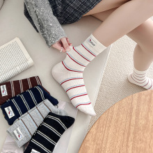 直播同款猫咪布标条纹中筒袜ins潮百搭外穿条纹学生微压长袜无骨