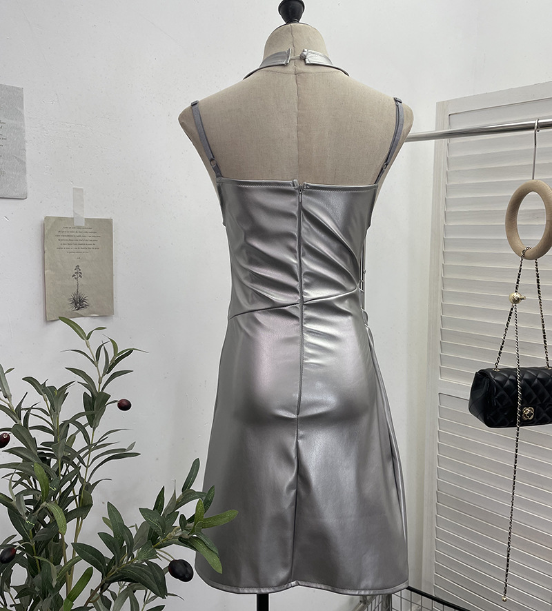 Chest Pad Halter Spaghetti Straps Dress Sexy Slim Fit Ruffle Hip Faux Leather Sexy