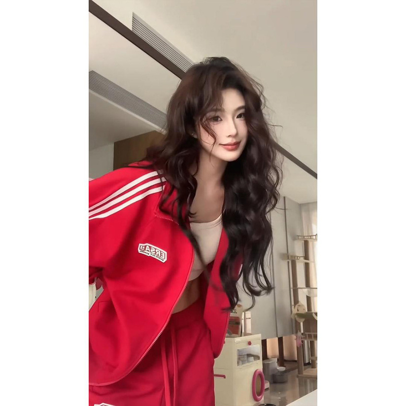美式休闲运动套装女早秋新款宽松条纹开衫卫衣气质长裤|undefined
