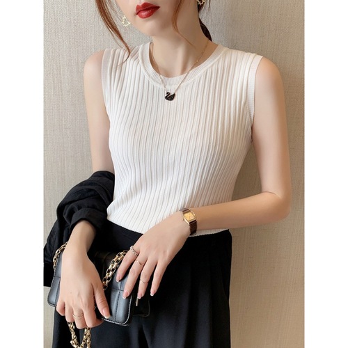 Black Strap Tank Top for Women, New Style Outerwear, Tight Short-Sleeve Sheer Knit Shirt, No-Sleeve Top for Women