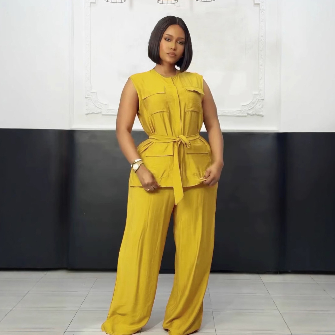 Elegant Sleeveless Vest & Wide-Leg Pants Set – Breathable Polyester Two-Piece Outfit (White/Pink/Yellow/Orange, S-3XL)_ecoleips.com