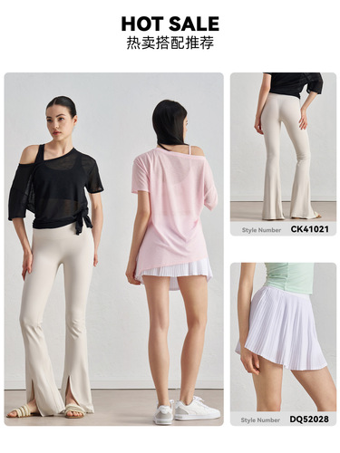 Spring and Summer Bamboo Node Gauze Loose and Breathable Sport T-shirt with Side Slits, High-end Yoga Top