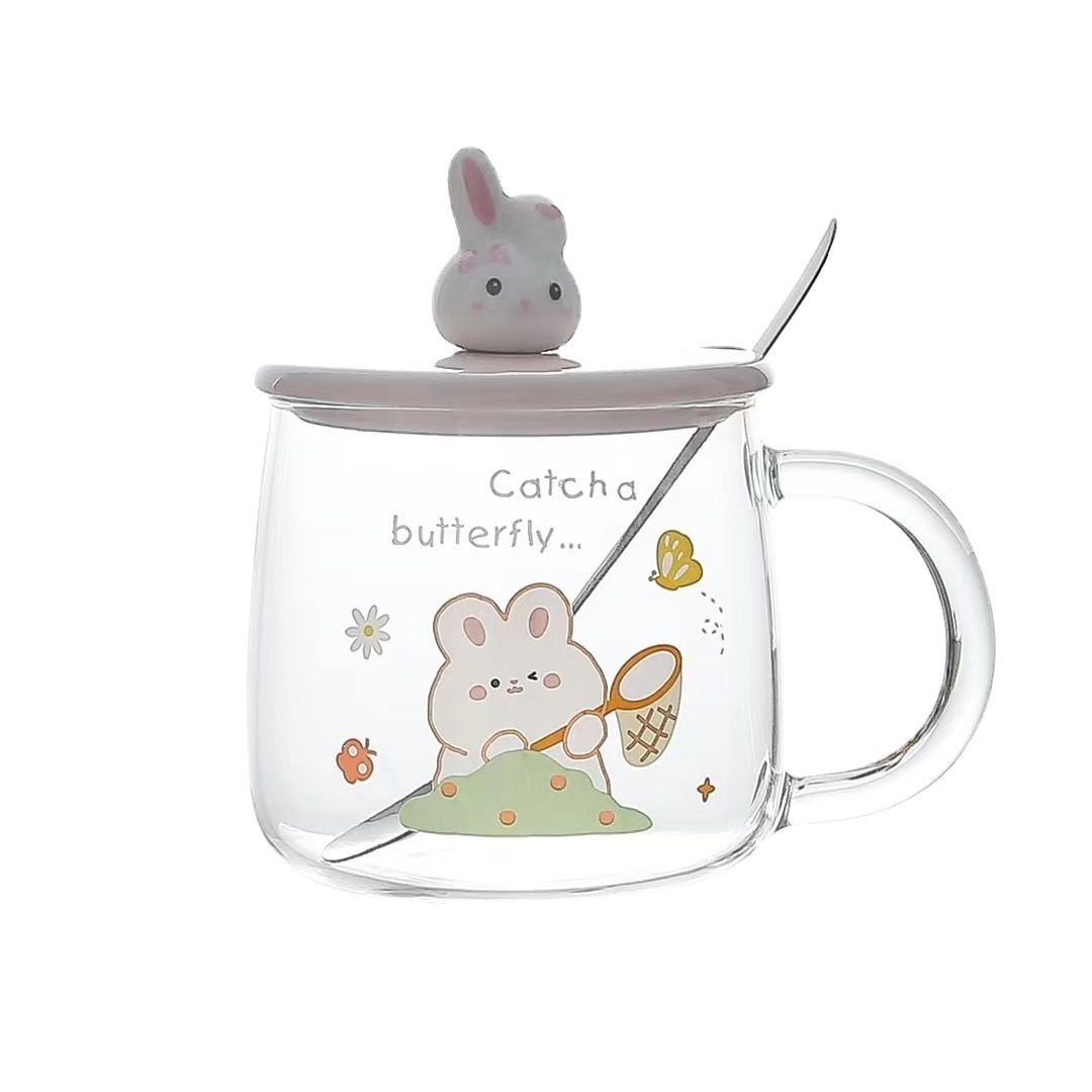 Taza de conejo tridimensional de dibujos animados de verano de alto aspecto con tapa cuchara taza de agua de vidrio taza de café de oficina taza Linda taza