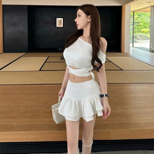 越南小众ameli夏季新品纯欲套装礼服一字领设计感飘带半裙简约
