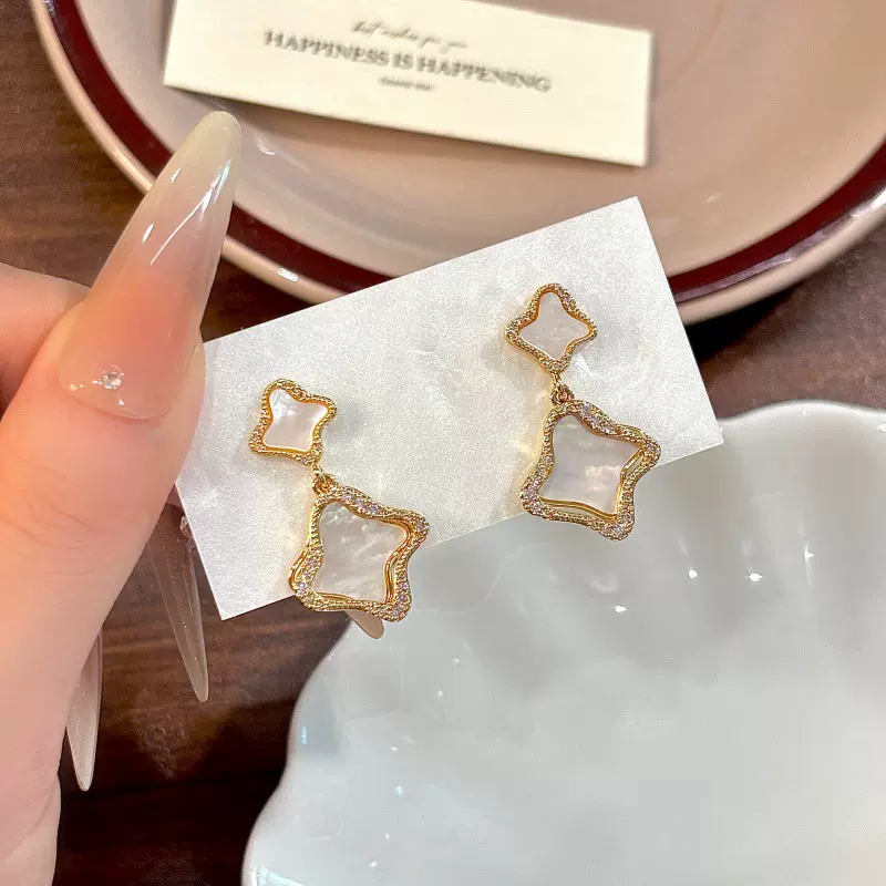 天然贝壳耳环女 轻奢高级感几何流苏耳坠 真金电镀气质百搭耳饰