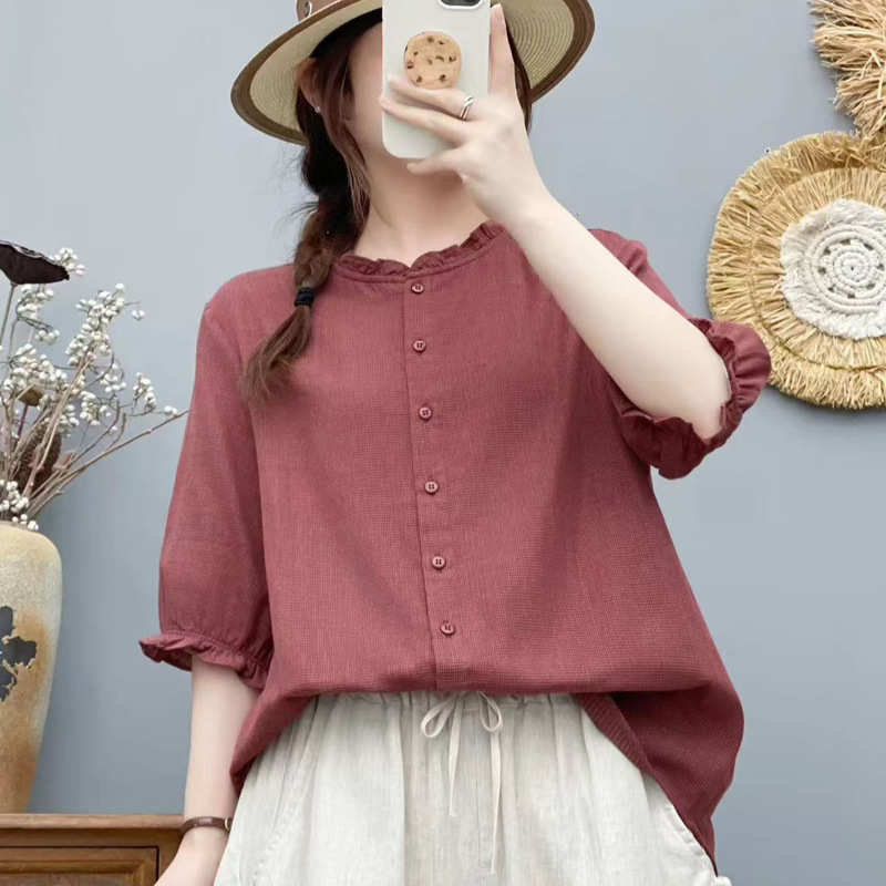 2026 Summer Short-Sleeve Women's Shirt with Ruffled Collar, Loose Casual Korean Style Plaid Blouse, Thin Version